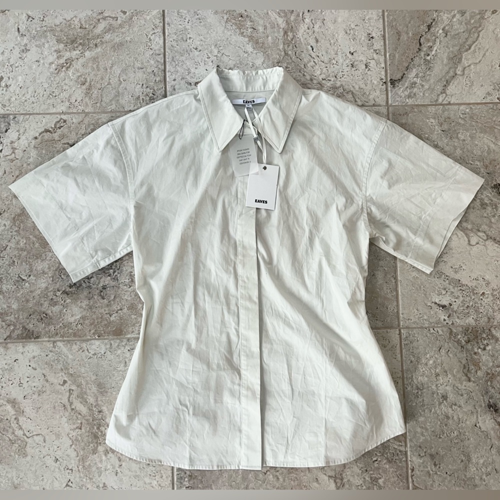 EAVES Aven Cotton Button Down Short Sleeve Shirt in Chalk Off White, size XL - Picture 11 of 11